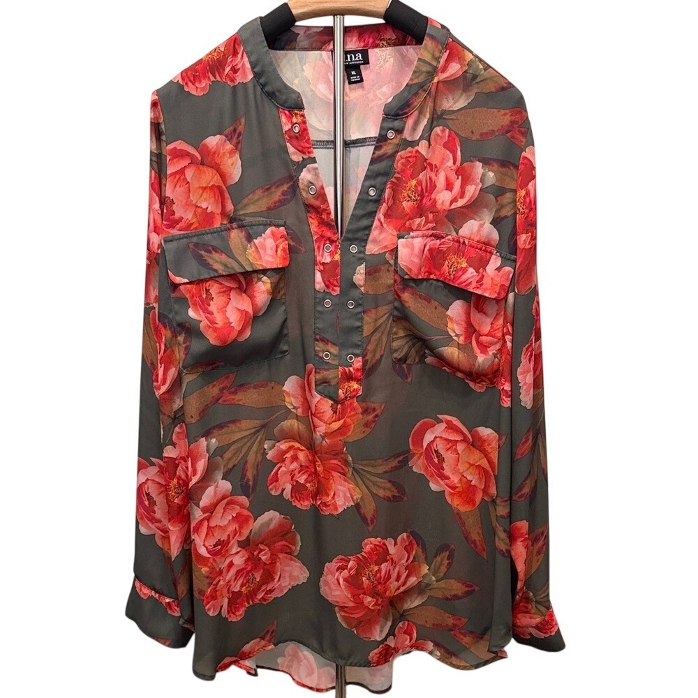 a.n.a Floral Blouse - Sheer Bold‎ Coral/Olive Long Sleeved Sz Xl Gardencore